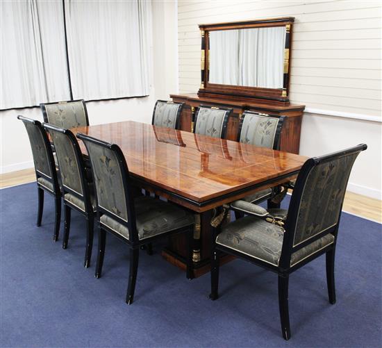 A modern Empire style walnut veneered, ebonised and gilded suite of furniture, sideboard W. 6ft 7in. D. 1ft 10in. H. 3ft.